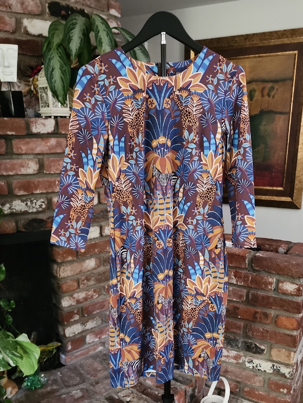 J. McLaughlin Printed Midi Dress Safari Animal Botanical Boho  Long Sleeve
